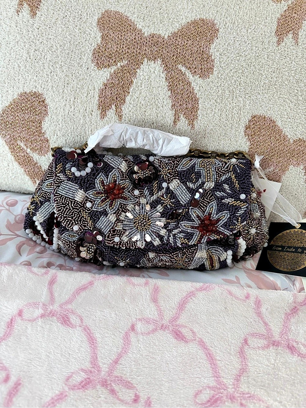 From India to You Beaded Floral Chain Clutch in Black & Purple